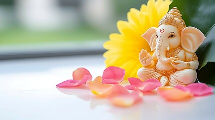 Ganesha Statue with Flower Petals and Yellow Flower