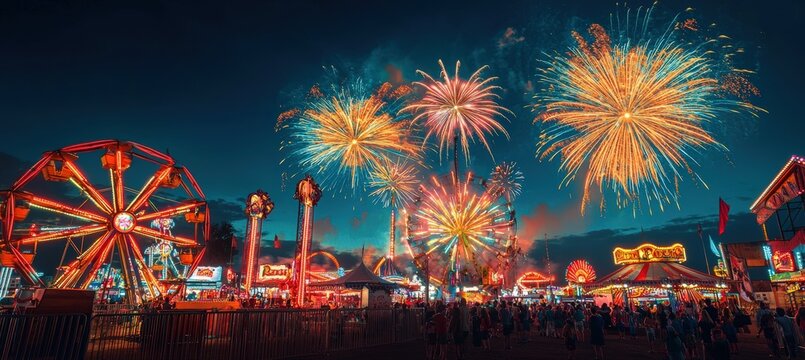 Vibrant Fireworks Display Over Fairgrounds Highlighting Ferris Wheel and Carnival Rides