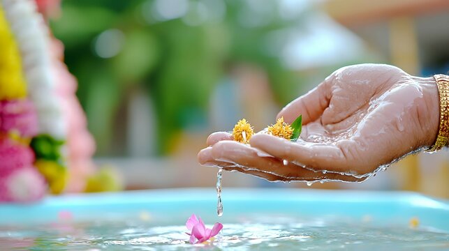 Hand Offering Flowers and Water in a Religious Ceremony