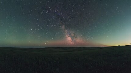   A large grassy field stretches out beneath the night sky, illuminated by the bright shining Milky Way