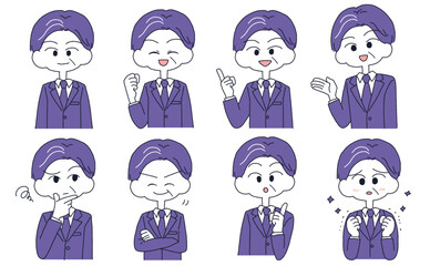 スーツを着た中年男性の表情・手描きイラストセット