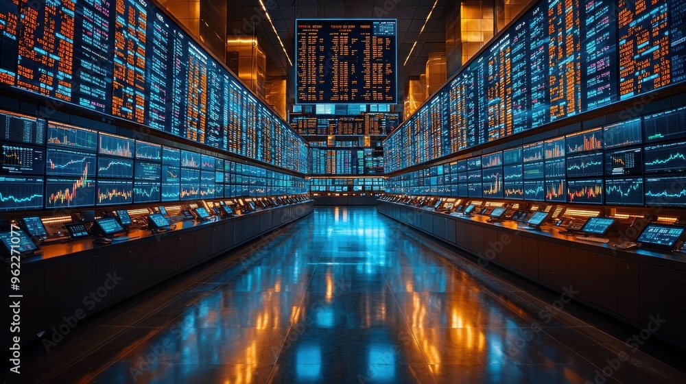 Poster modern trading floor bustling with traders engaging with advanced technology, screens displaying rea