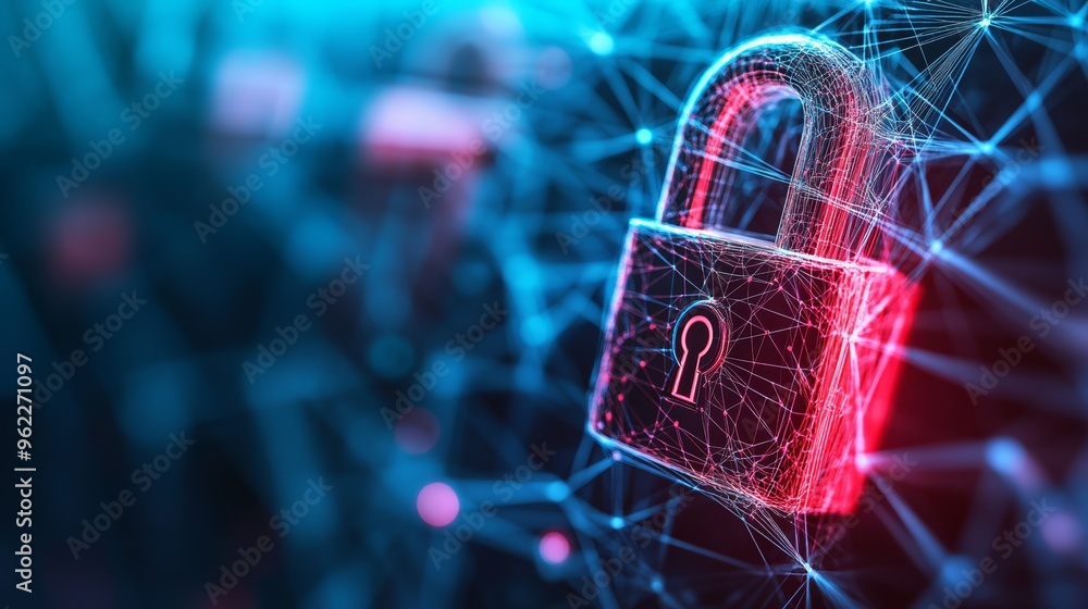 Poster Glowing digital padlock surrounded by network connections in a cyber environment. Data security and encrypted information concept