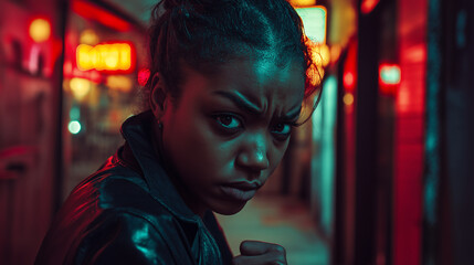 Obraz premium Young Woman with Intense Stare in Neon-Lit Urban Alley at Night