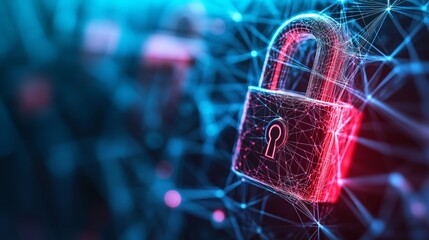 Glowing digital padlock surrounded by network connections in a cyber environment. Data security and encrypted information concept