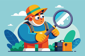 Cartoon detective with magnifying glass searching for clues in colorful flat design style
