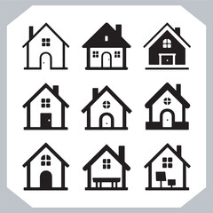 Black silhouettes of houses and cottages, home property logo set package, home button, residential building, country cottage, apartment vector illustrations.