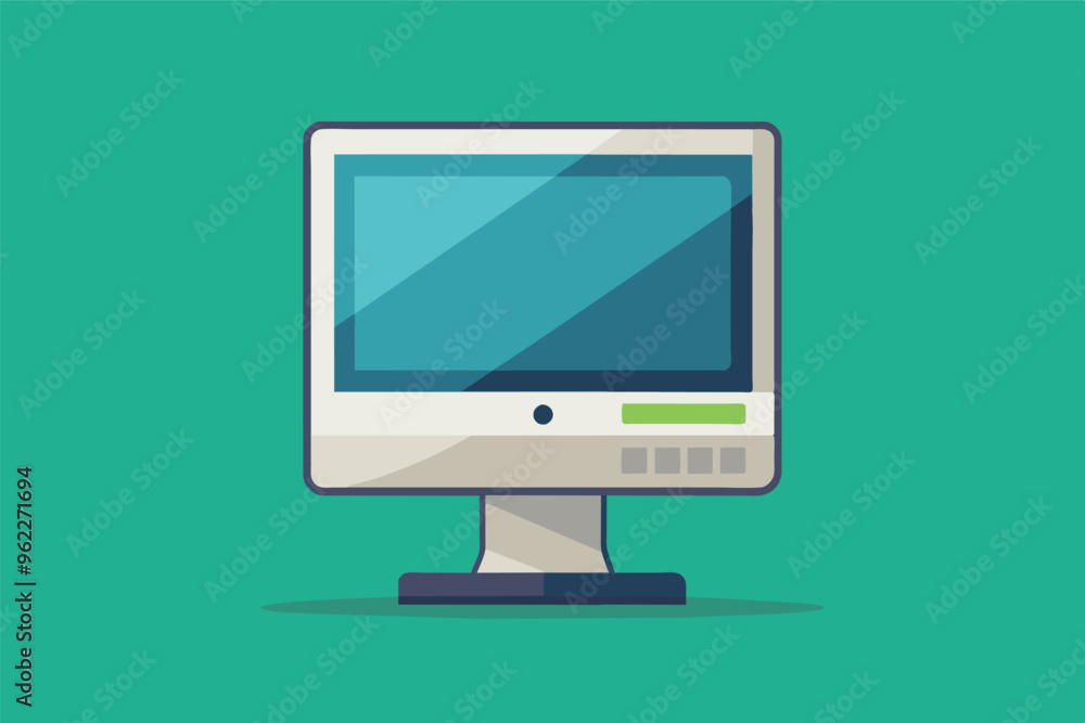 Poster simple illustration of a white desktop computer monitor with a blue screen against a green backgroun