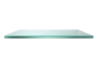 Minimalist transparent glass shelf with a sleek, modern design, perfect for contemporary interior decor and storage solutions. Isolated on transparent background, png.