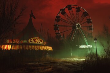 An eerie, haunted old abandoned theme park or amusement park with a circus and Ferris wheel at night. 