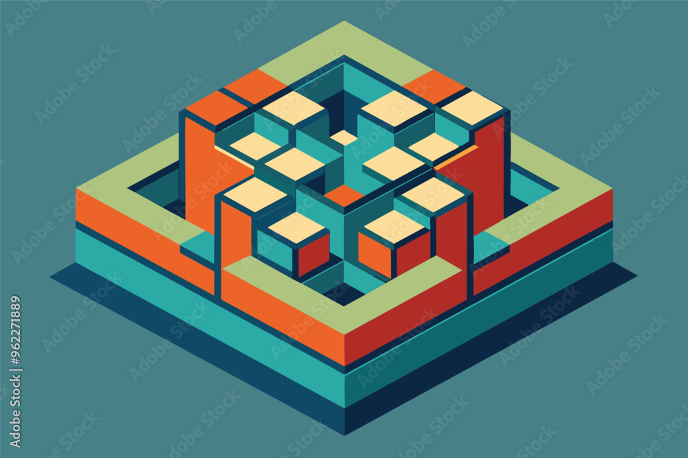 Aufkleber abstract geometric design with interlocking cubes and layers in blue, green, and orange