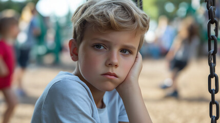 Pensive Young Boy Sitting on Playground Swing, Daydreaming