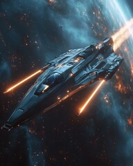 Fototapeta premium Sleek futuristic spaceship gliding through a vibrant cosmic landscape, illuminated by distant stars and swirling nebulae, showcasing advanced design and technology