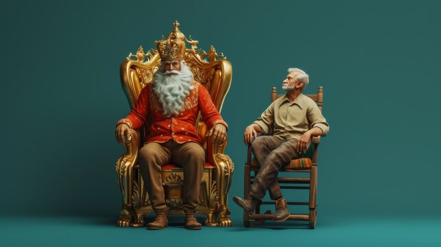 A humorous scene depicting a bearded king in regal attire sitting on an ornate golden throne beside a casually dressed elderly man on a simple wooden chair. The vibrant colors and contrasting statuses