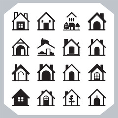 Black silhouettes of houses and cottages, home property logo set package, home button, residential building, country cottage, apartment vector illustrations.