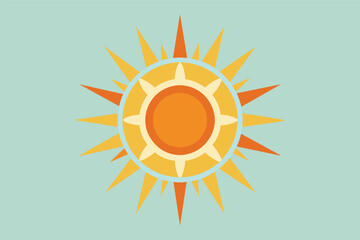 Cartoon Sun Illustration, Bright Yellow Orange Rays on Blue Background