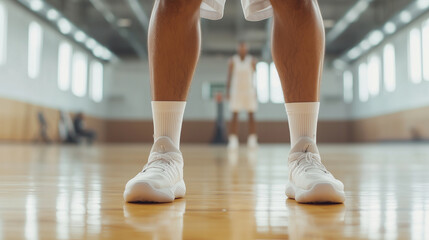 Naklejka premium Athletic Preparation: Young Player Engaged in Leg Stretching During a Basketball Training Session. photo