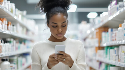 Focused Shopper: Young Woman Using Her Cell Phone While Searching for Medicine in a Pharmacy. photo