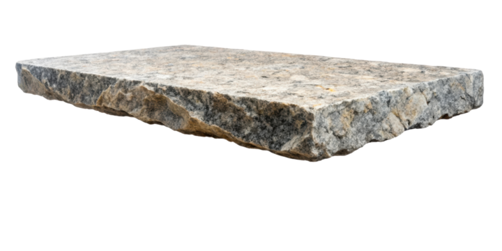 Natural stone slab featuring a rough texture and rectangular shape, ideal for landscaping and construction applications. Isolated on transparent background, png.