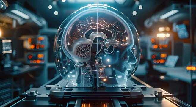 A Human Brain Model Under Study in a Sci-Fi Laboratory