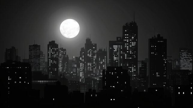 black and white city skyline under full moon