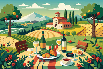 Summer Picnic in Italian Countryside with Wine, Food and Beautiful View