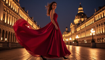 Beautiful woman in a long red dress walking in stiletto heels through a European city at night.