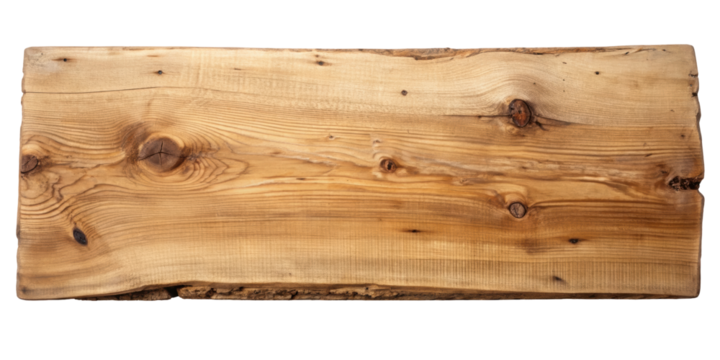 Rustic wooden plank featuring a natural wood grain and visible knots, ideal for use in design projects requiring organic or natural textures. Isolated on transparent background, png.