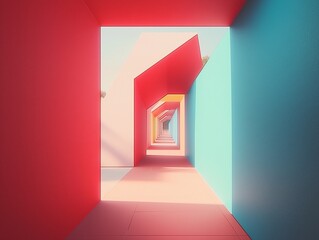 Obraz premium Digital artwork of a bold modern corridor with red and turquoise geometric designs.