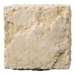 Square beige stone block with a rough, textured surface, ideal for construction, landscaping, or decorative design projects. Isolated on transparent background, png.