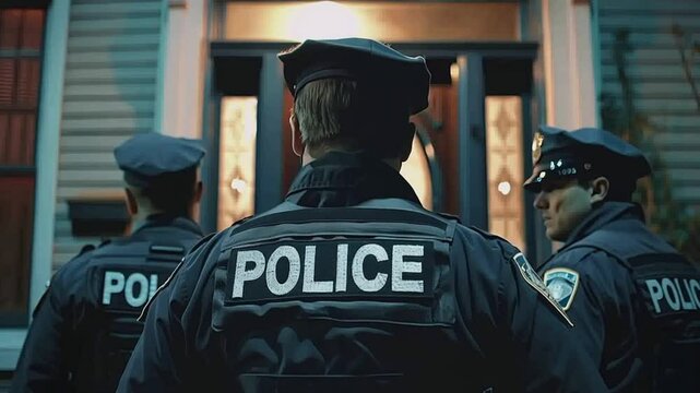Police officers standing in front of a house