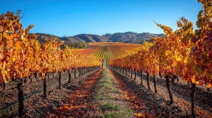 Naklejka premium A picturesque autumn vineyard with rows of grapevines displaying golden and crimson leaves