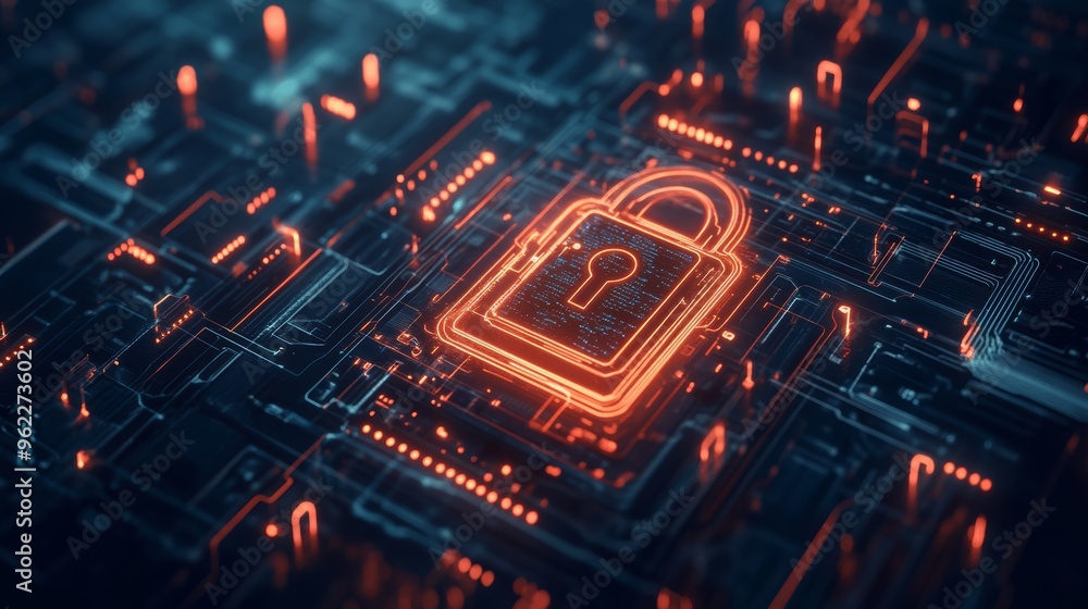 Poster Glowing digital lock icon on a futuristic circuit board background. Representation of digital security and encrypted data protection.