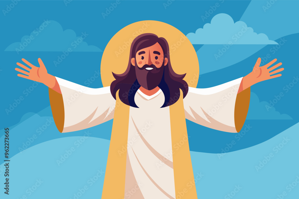 Wall mural Smiling Jesus with outstretched arms against a blue sky with clouds. Illustration of Christianity, faith, and hope