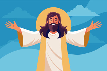 Smiling Jesus with outstretched arms against a blue sky with clouds. Illustration of Christianity, faith, and hope