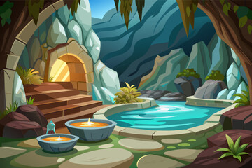 Mysterious cave with a hidden pool of water, a stone staircase, and lit candles. Fantasy and adventure illustration.