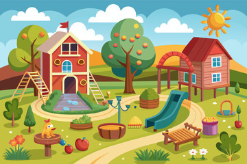 Cartoon illustration of a charming countryside village with houses, a castle, a swimming pool, and a cute snail