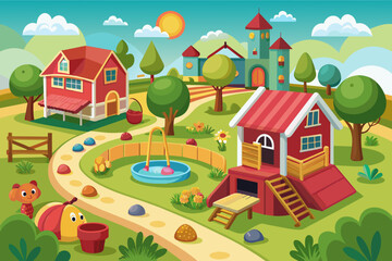 Cartoon illustration of a charming countryside village with houses, a castle, a swimming pool, and a cute snail