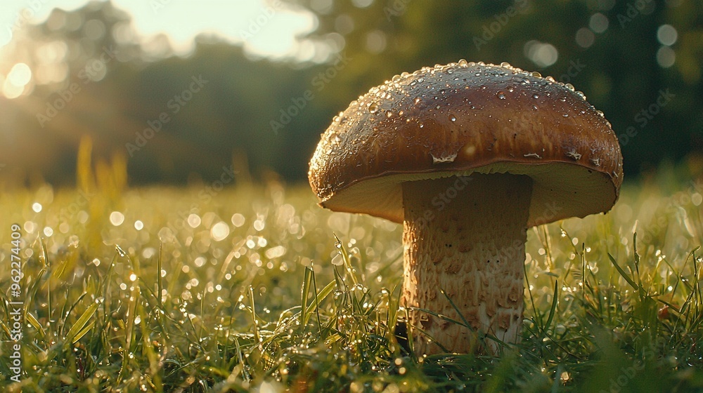 Poster close-up photo of a mushroom in a green meadow with sunlight filtering through tall trees behind it