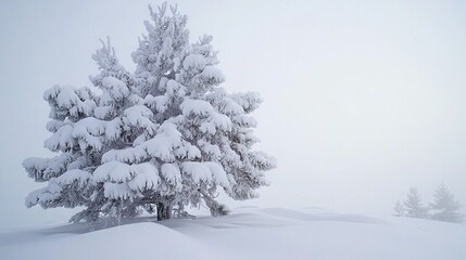 Obraz premium A snow-covered pine tree stands tall amidst a sea of white in a snow-draped field, its branches adorned with glistening snowflakes as they reach towards