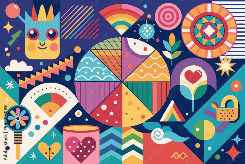 Aufkleber abstract colorful geometric pattern with geometric shapes, rainbow, and cartoon characters