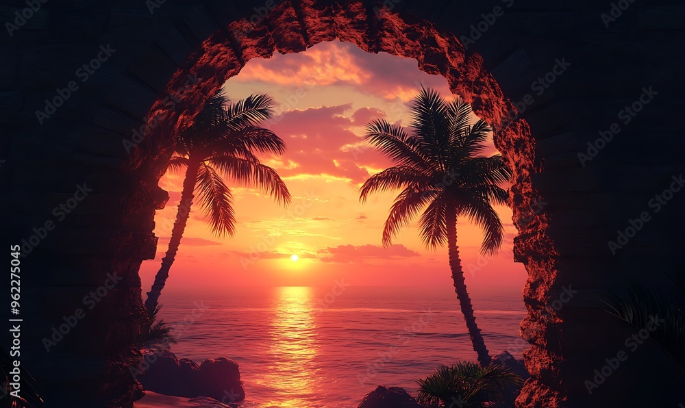 Poster sunset view through a stone archway with palm trees