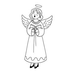 Christmas angel. An angel singing a Christmas song. Black and white linear illustration with an angel. Christmas doodle illustration.