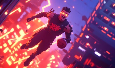 Obraz premium Dynamic fantasy basketball player in vibrant uniform, sprinting down the court, showcasing agility and determination, energy radiating from movement.