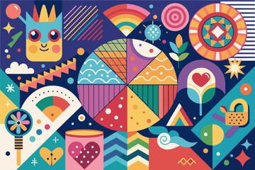 Abstract Colorful Geometric Pattern with Geometric Shapes, Rainbow, and Cartoon Characters