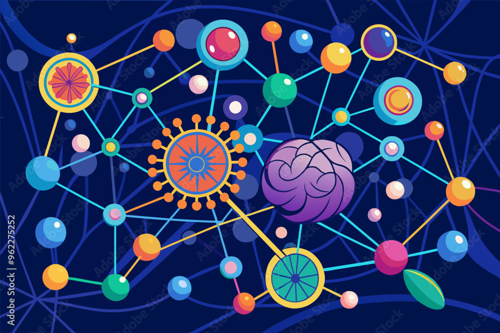 Poster abstract network connection brain and gears illustration