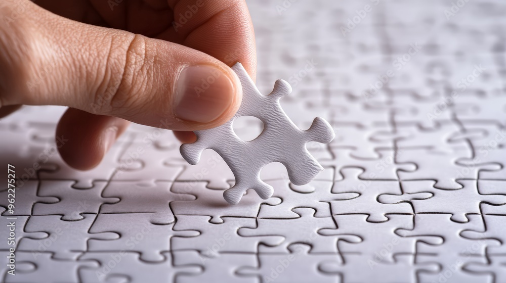 Poster hand placing the last piece of a white jigsaw puzzle. symbolizing problem-solving, completion, and b