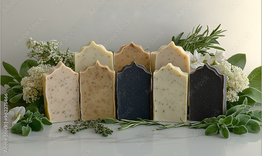 Aufkleber artisan soap display, an elegant array of handmade soap bars showcasing vibrant colors and intricate