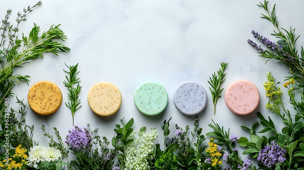 Poster soft pastel soap harmony, an elegant display of assorted soap bars arranged in soothing pastel color
