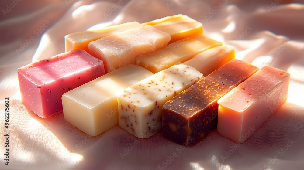 Poster artful display of colorful soap bars, a vibrant composition showcasing an array of uniquely shaped a